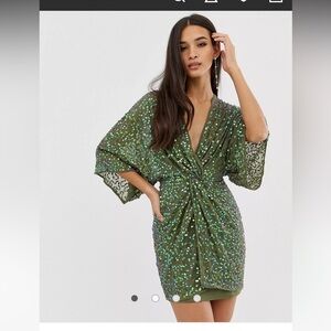NWT ASOS DESIGN scatter sequin knot front kimono mini dress